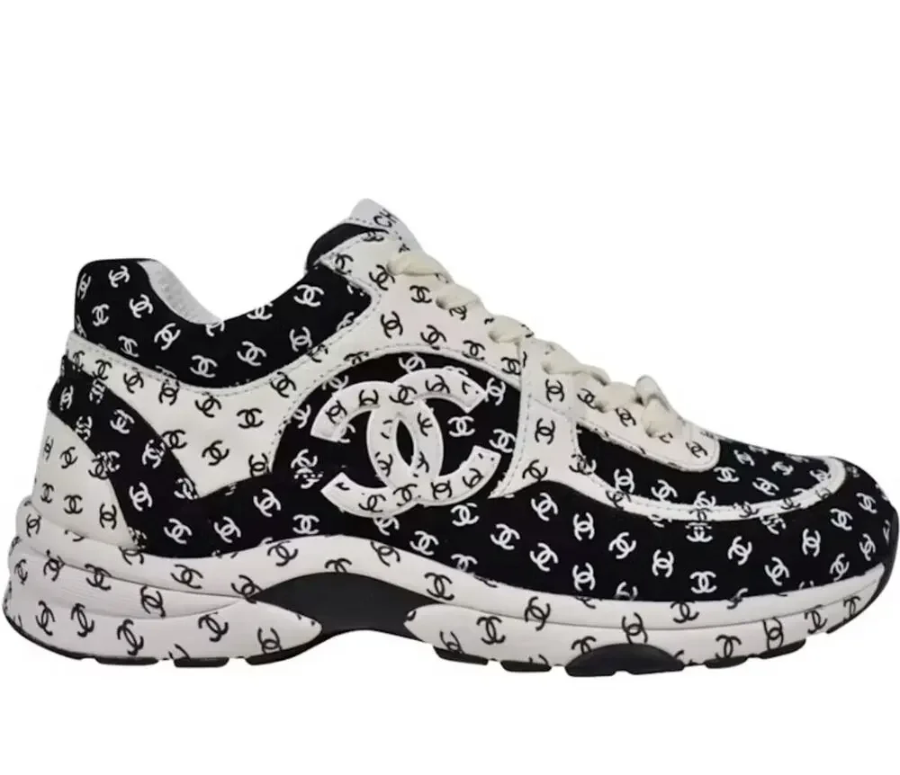 Chanel 22A womens Black White Suede All Over CC Logo Low Top Trainer Sneakers 39